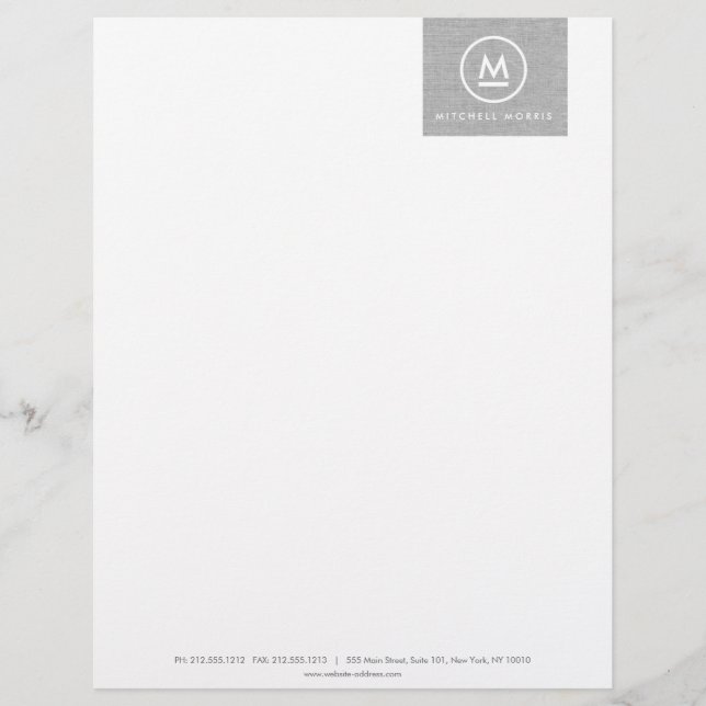 Big Initial Monogram on Grey Linen II Letterhead Template (Front)