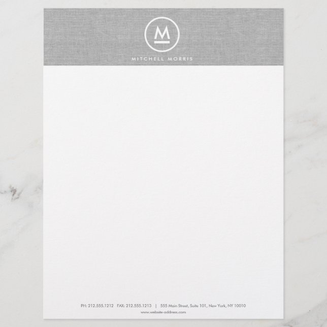 Big Initial Monogram on Grey Linen Letterhead Design (Front)