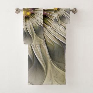 Big Ivory Flower, Abstract Modern Fractal Art Bath Towel Set