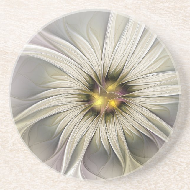 Big Ivory Flower, Abstract Modern Fractal Art Coaster (Front)