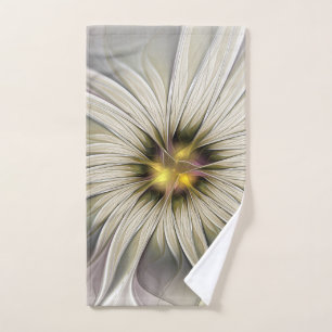 Big Ivory Flower, Abstract Modern Fractal Art Hand Towel