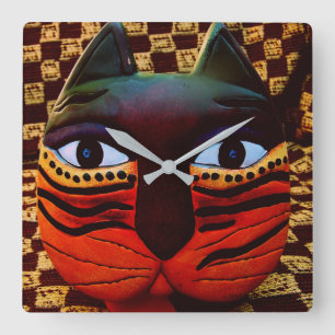 BIG KITTY CAT CLOCK....TIME TO FEED THE KITTY! SQUARE WALL CLOCK