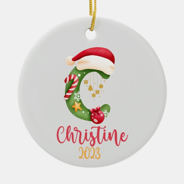 Big Letter, Name and Date Personalised Ceramic Tree Decoration (Front)