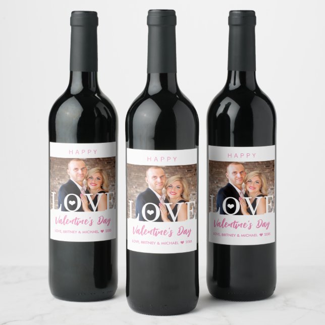 Big LOVE Letters | Modern Your Photo Pink Script Wine Label (Bottles)