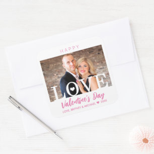 Big LOVE Modern Letters   Your Photo Pink Script Square Sticker