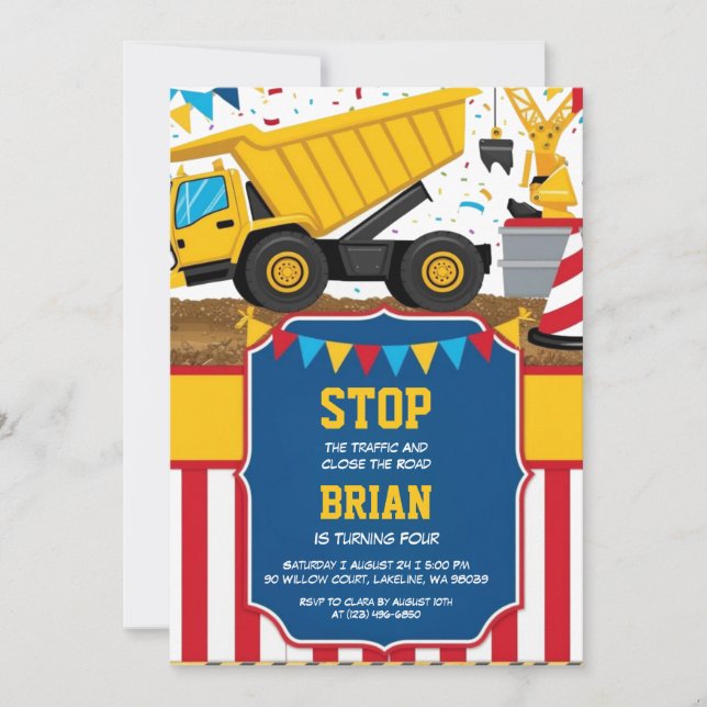 big machine construction birthday invitations (Front)