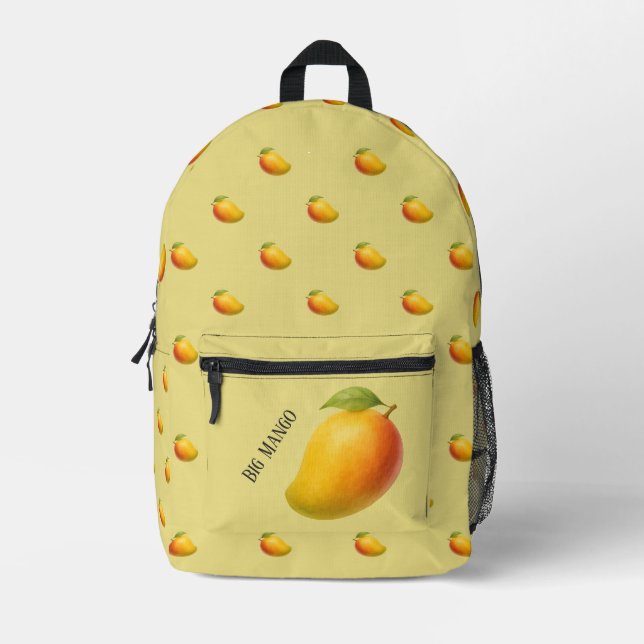 Big Mango, Sweet Fruit and Name on Yellow Printed Backpack (Front)