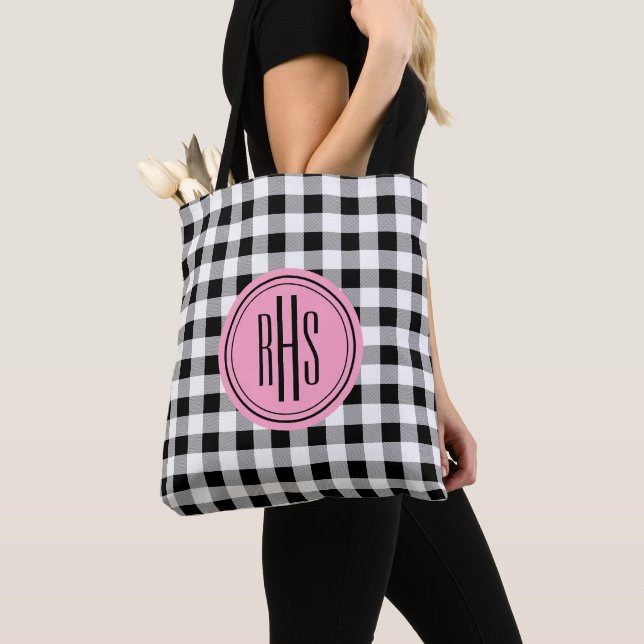 Big Monogram on Buffalo Check Shoulder Tote Bag (Close Up)