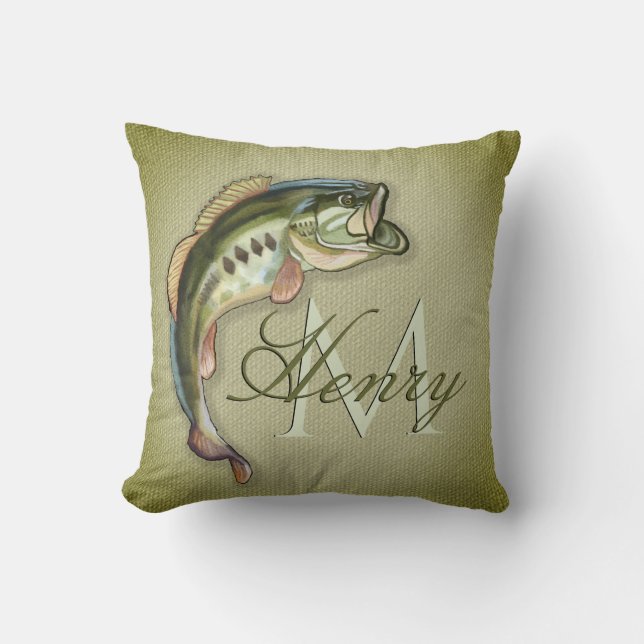 Big Mouth Bass Fish Monogram Cushion (Front)