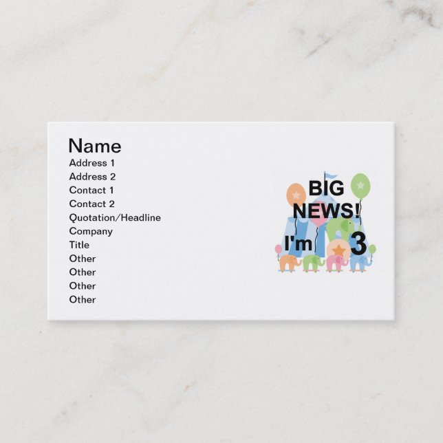Big News Circus 3rd Birthday Tshirts and Gifts Business Card (Front)