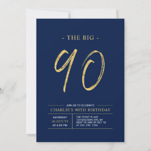 Big Ninety Gold & Navy Blue 90th Birthday Party Invitation