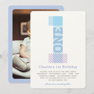 Big Number 1 Stripes Baby Boy 1st Birthday Party Invitation