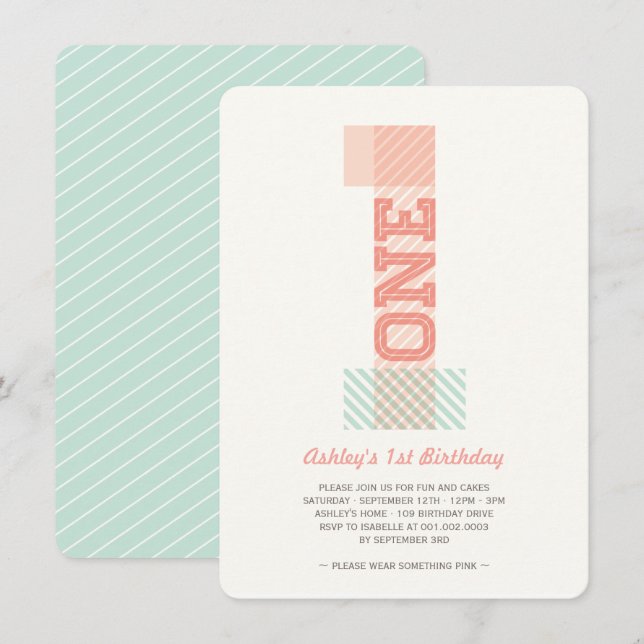 Big Number 1 Stripes Baby Girl 1st Birthday Party Invitation (Front/Back)