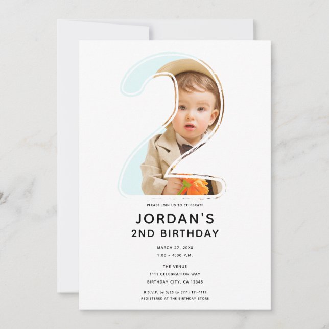 Big Number 2 TWO Photo Second 2nd Birthday Party Invitation (Front)