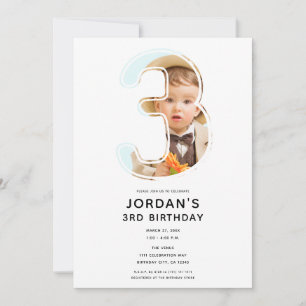 Big Number 3 THREE Photo Third 3rd Birthday Party Invitation
