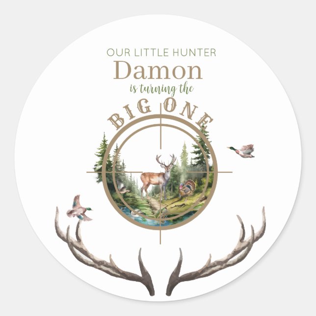 Big One Hunting First Birthday Classic Round Sticker (Front)