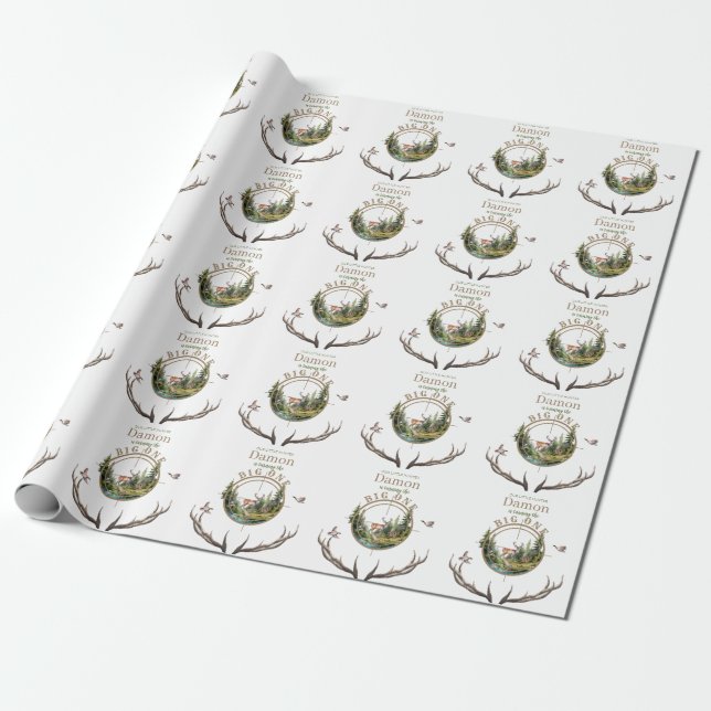 Big One Hunting First Birthday Wrapping Paper (Unrolled)