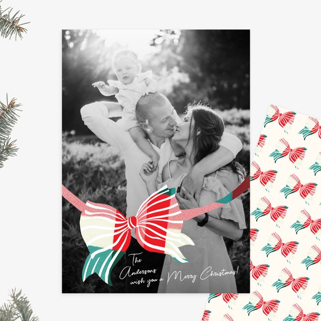 Big One Photo Green & Red Plaid Tied With Bow Holiday Card (Creator Uploaded)