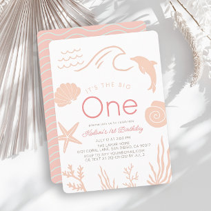 Big One Pink Wave Girl 1st Birthday Invitation