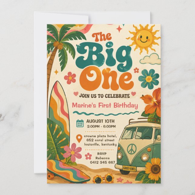 Big One Retro Surf First Birthday Party Invitation (Front)