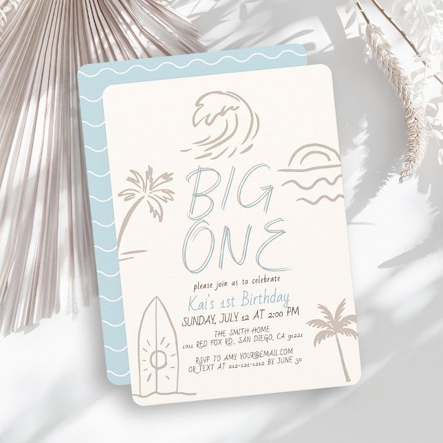 Big One Surfboard Doodle Blue Boy 1st Birthday Invitation (Creator Uploaded)