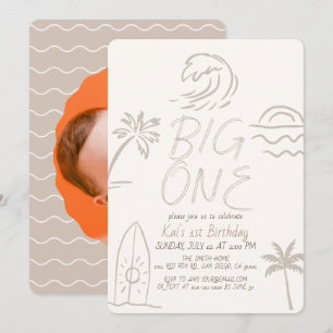 Big One Surfboard Doodle Photo Beige 1st Birthday Invitation