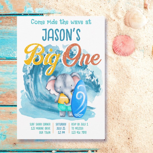 Big One surfing beach 1st birthday party e;ephant Invitation (Creator Uploaded)