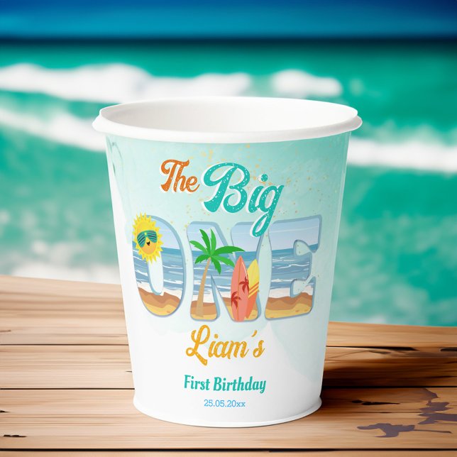 Big One surfing beach summer birthday tableware Paper Cups (Big One surfing beach summer birthday party personalized tableware monogram printed Paper Cups)