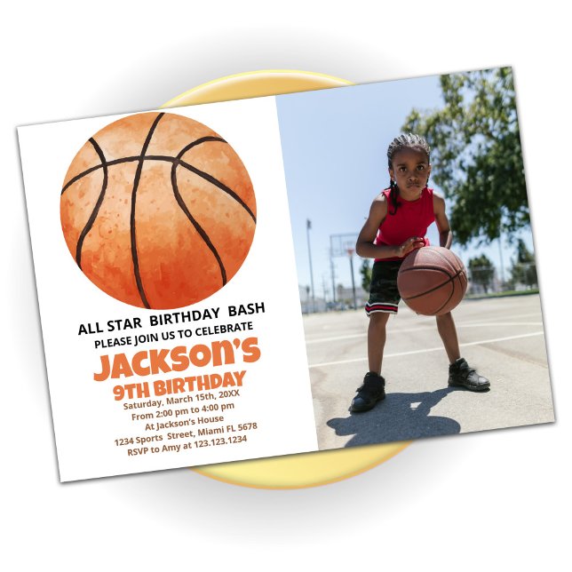 Big Orange Basketball Birthday Invitations w photo (Creator Uploaded)