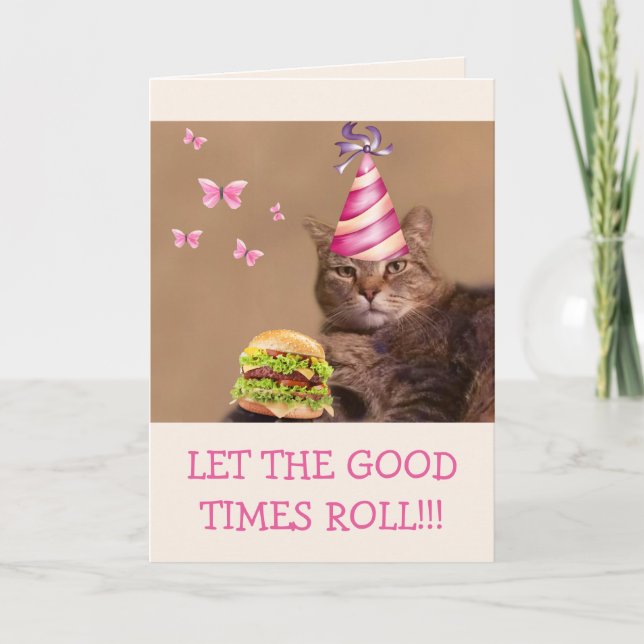 Big Party Cat And Cheeseburger Birthday Card (Front)