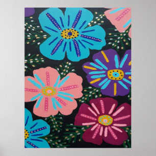 Big Pastel Flowers on Black Poster