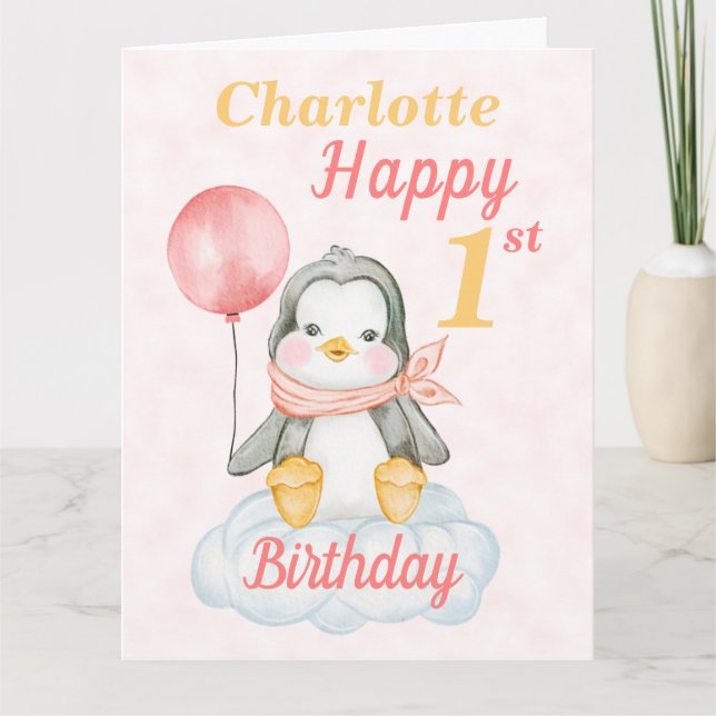 Big Penguin Happy 1st Birthday Pink Card (Front)