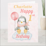 Big Penguin Happy 1st Birthday Pink Card<br><div class="desc">The cute 1st baby penguin birthday card. The card features a baby girl penguin sitting on a cloud holding balloon. A sweet design for a little girl who will be one year old. Personalise by adding the little girl's name and age then change or add to the message inside to...</div>