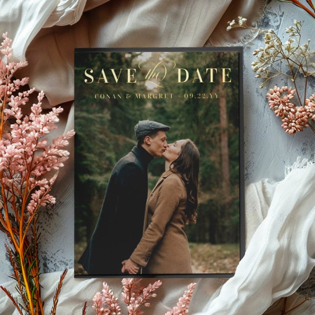 Big Photo Foil Save the Date Gold Foil Invitation Postcard (Creator Uploaded)