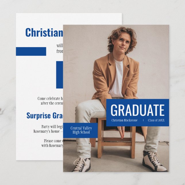 Big Photo with Blocks of Blue Graduation Invitation (Front/Back)