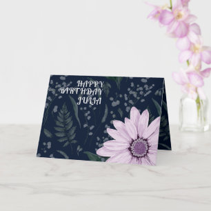 Big Pink Daisy Dark Happy Birthday Custom Name Card