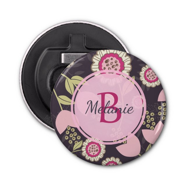 Big Pink Floral Tulip Pattern Monogram Bottle Opener (Front)