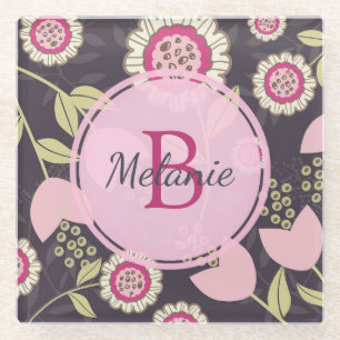 Big Pink Floral Tulip Pattern Monogram Glass Coaster