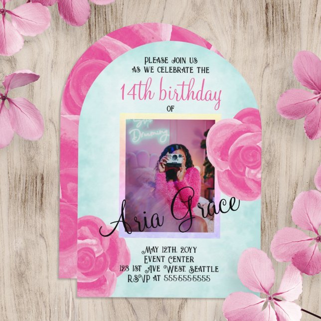 Big Pink Roses, Turquoise Birthday Party Invitation (turquoise and hot pink rose birthday party invitation for teen girl, young woman. Cute photo invite.)