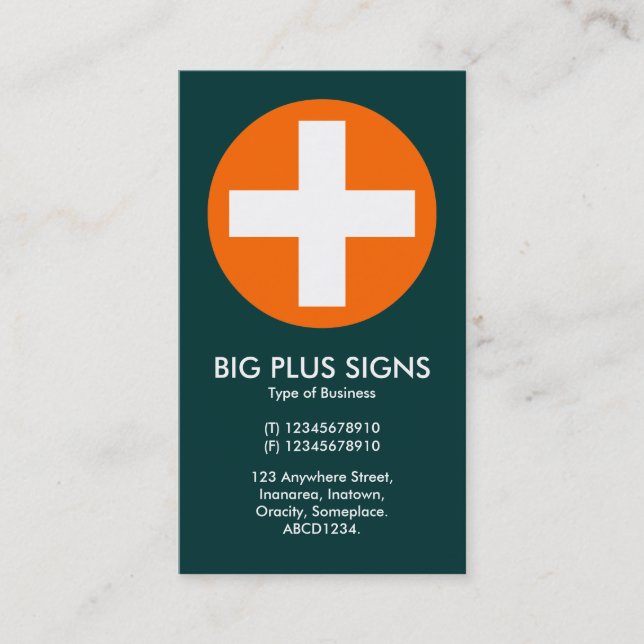 Big Plus Signs Orange - Dark Teal Green Business Card (Front)
