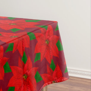 Big Poinsettia Flower Pattern on Burgundy Tablecloth