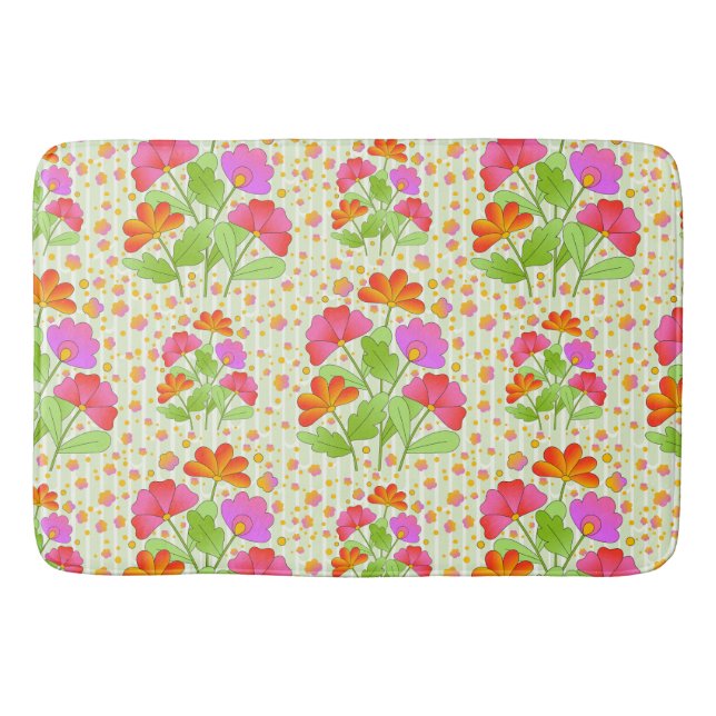 Big Pop Colour Flowers Pink and Orange Pale Green  Bath Mat (Front)