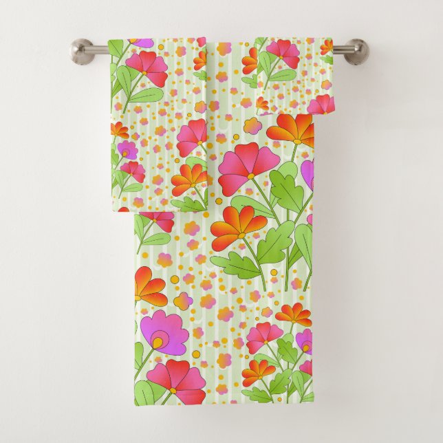 Big Pop Colour Flowers Pink and Orange Pale Green  Bath Towel Set (Insitu)