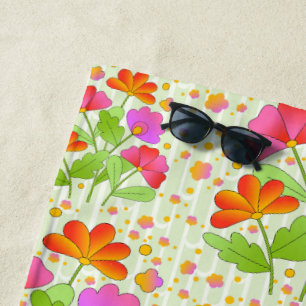 Big Pop Colour Flowers Pink and Orange Pale Green  Beach Towel