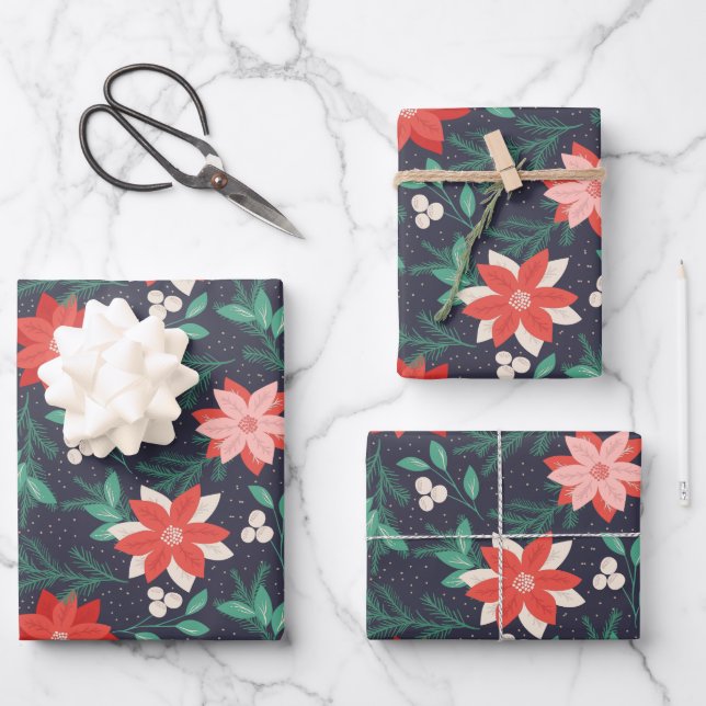 Big Red and White Christmas Poinsettias Wrapping Paper Sheet (Front)