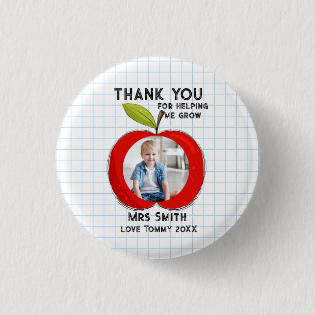 Big Red Apple Teacher Thank You Photo Button | (Front)