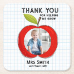 Big Red Apple Teacher Thank You Photo Square Paper Coaster<br><div class="desc">Say a heartfelt thank you to a special teacher with this personalised square paper coaster! Featuring a bold red apple design, a warm “Thank You” message, and your child’s photo, this coaster is both practical and sentimental. Perfect for the classroom, home, or desk, it’s a small gift with a big...</div>