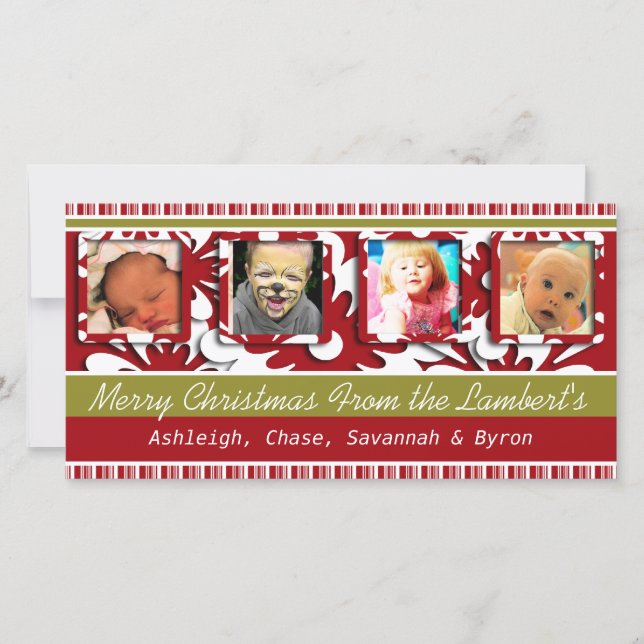 Big Red Flowers Tiny Stripes Christmas Photo Holiday Card (Front)