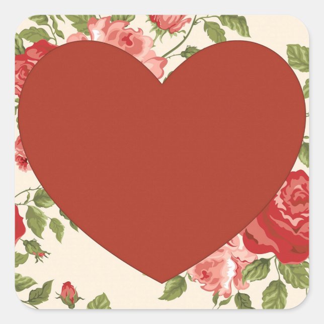 Big Red Heart and Flowers Background Square Sticke Square Sticker (Front)