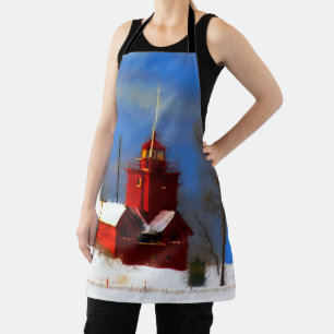 Big Red Lighthouse Painting - Original Art Apron